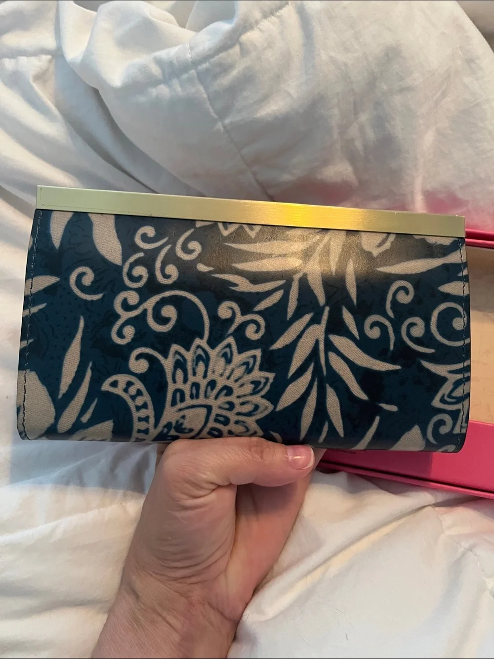 Patricia Nash Navy and Cream Floral Frame Wallet with Gold Trim